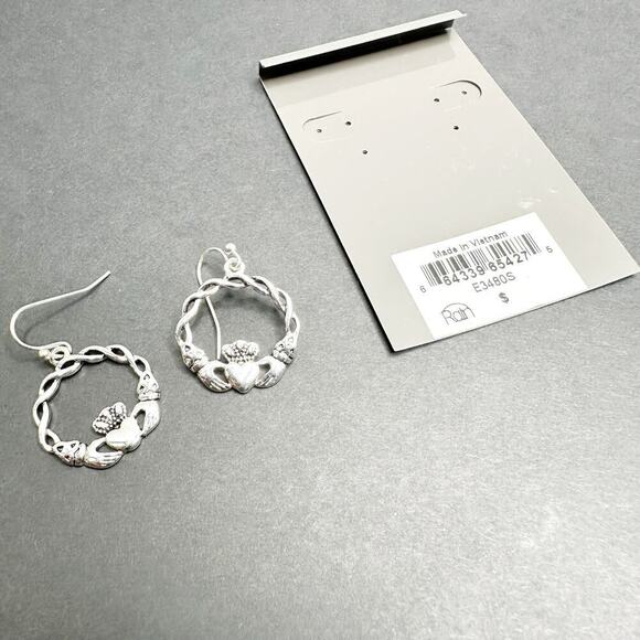 Claddagh Earrings Silver Tone Drop Dangle Irish Earrings - Picture 3 of 5